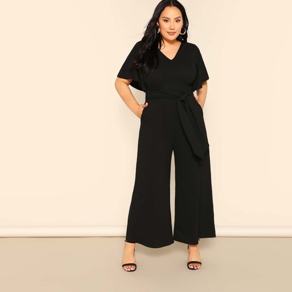 

Plus V Neck Flutter Sleeve Belted Jumpsuit, Black