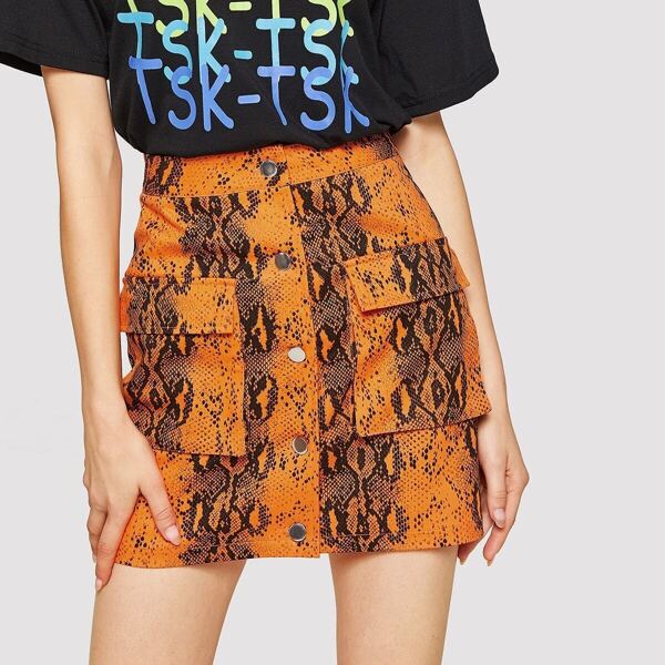 

Single Breasted Pocket Patched Snakeskin Print Skirt, Multicolor