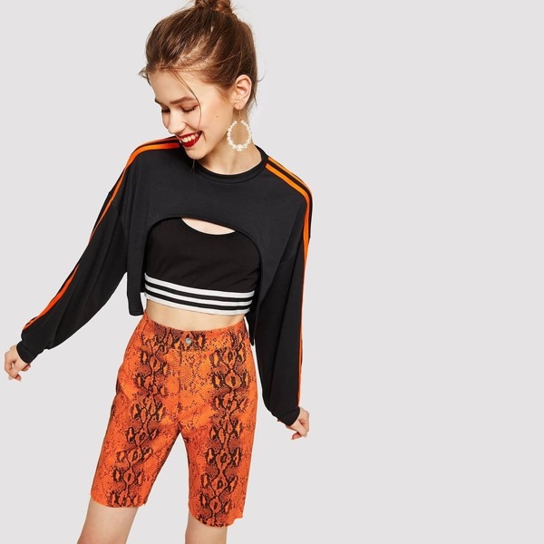 

Striped Tape Side Crop Pullover Without Tank Top