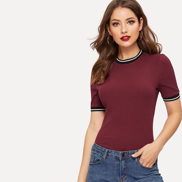 

Rib-knit Striped Trim Tee