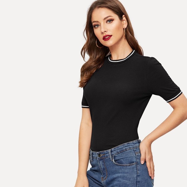 

Rib-knit Striped Trim Tee