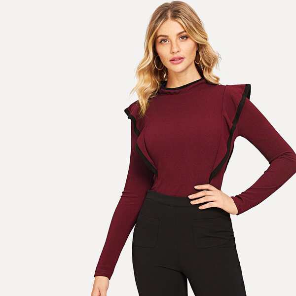 

Mock-neck Contrast Trim Ruffle Tee