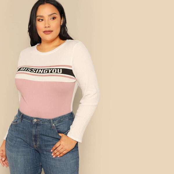 

Plus Color Block Rib-knit Letter Print Top