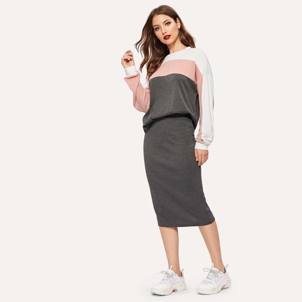 

Color Block Pullover & Pencil Skirt Set, Multicolor