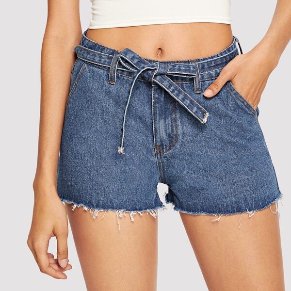 

Raw Hem Belted Denim Shorts