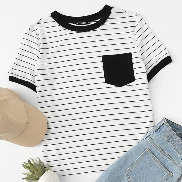

Pocket Patched Striped Ringer Tee, Black and white