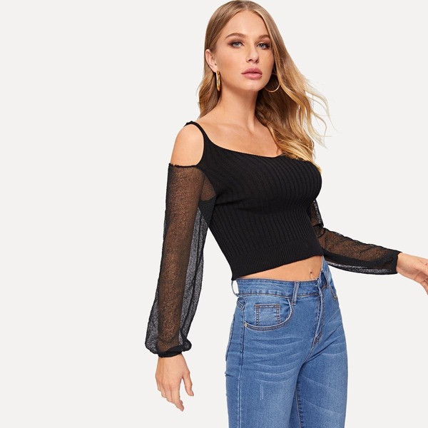 

Open Shoulder Semi Sheer Sleeve Sweater