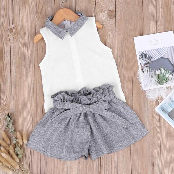 

Toddler Girls Contrast Collar Top With Paperbag Waist Shorts, Multicolor