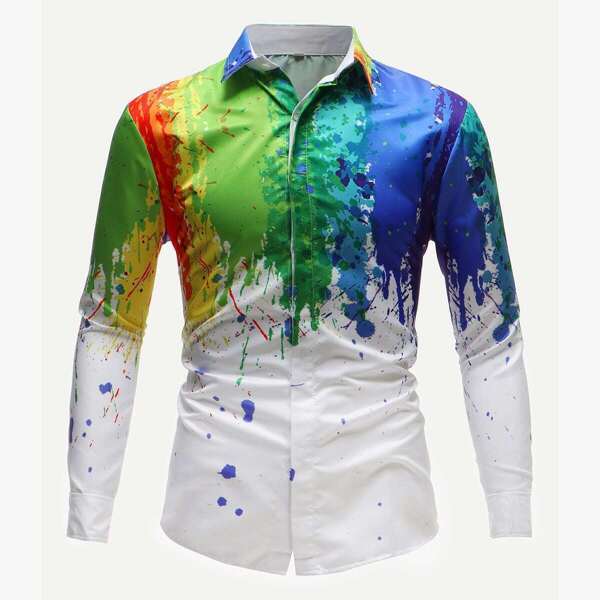 

Men Paint Drip Print Skinny Shirt, Multicolor