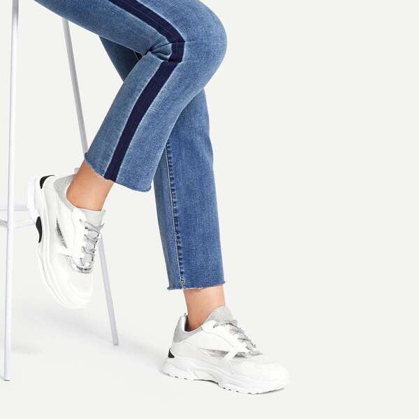 

Glitter Lace-up Chunky Sole Sneakers, White