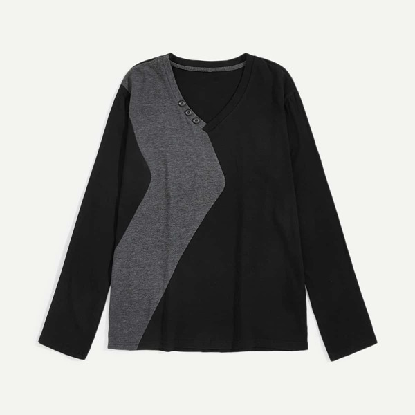 

Men Cut And Sew Panel Button Detail Tee, Black