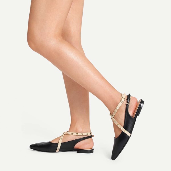 

Studded & Criss Cross Slingback Flats, Black