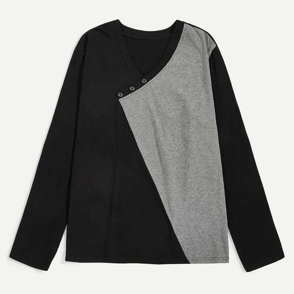 

Men Cut And Sew Panel Button Detail Tee, Black