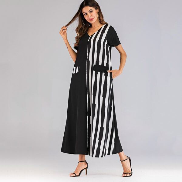

Striped Print Hidden Pocket Longline Dress, Black