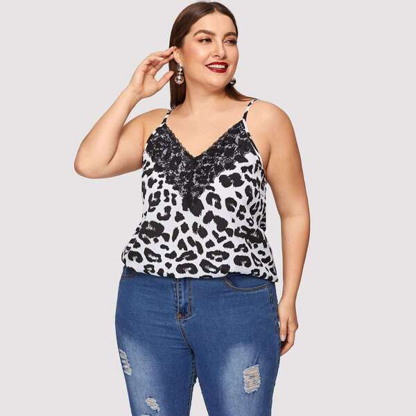 

Plus Lace Panel Leopard Print Cami Top