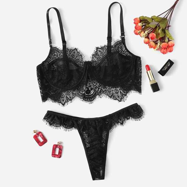 

Eyelash Floral Lace Lingerie Set