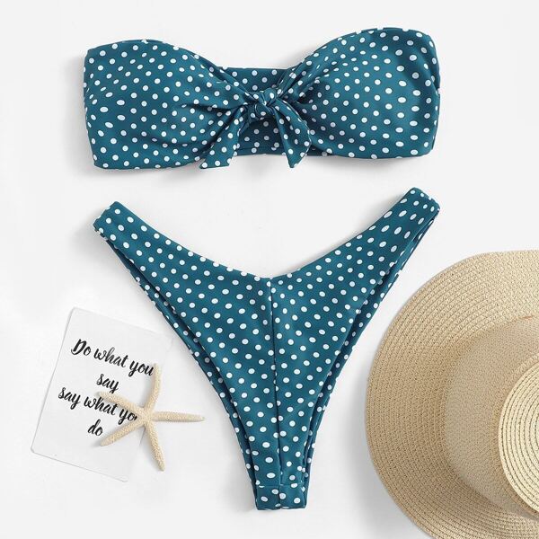 

Polka Dot Bandeau With High Cut Bikini Set
