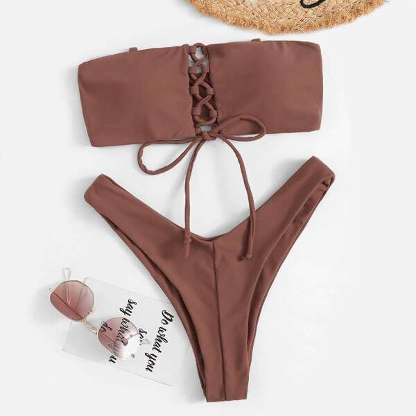 

Lace-up Bandeau With High Cut Bikini Set