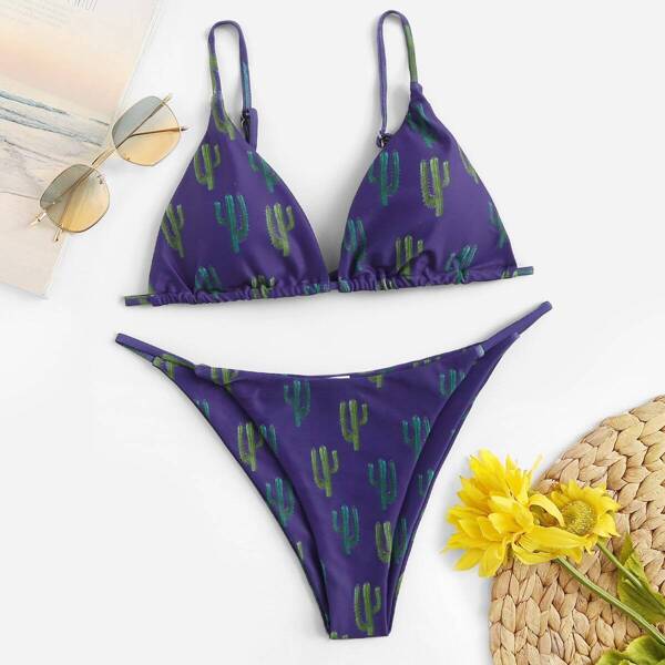 

Random Cactus Print Triangle Top With Tanga Bikini