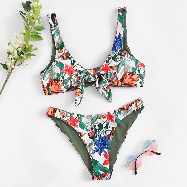 

Random Tropical Tie Front Top With Cheeky Bikini