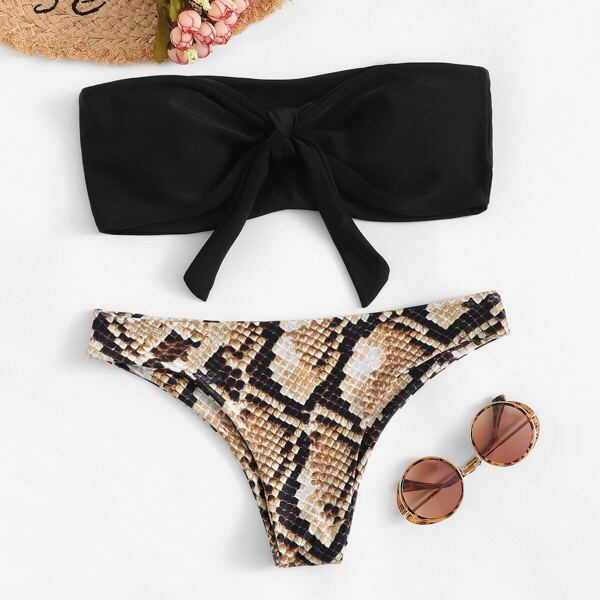 

Snakeskin Tie Front Bandeau Bikini Swimsuit, Multicolor