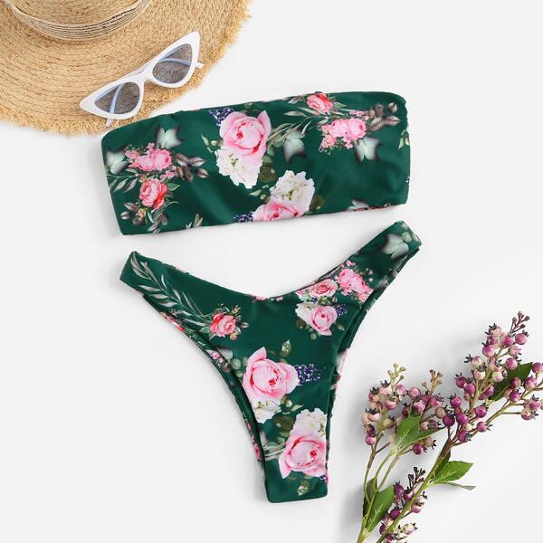 

Random Floral Lace-up Bandeau With High Cut Bikini