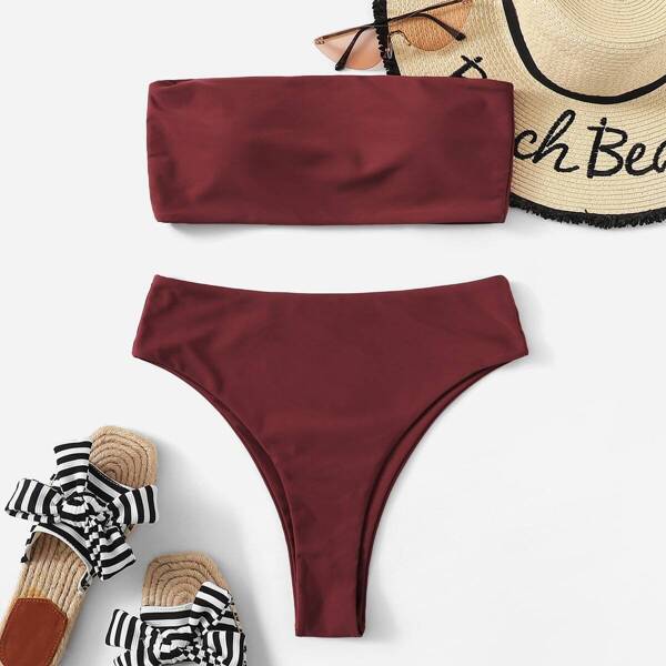 

Bandeau With High Waist Bikini Set, Burgundy