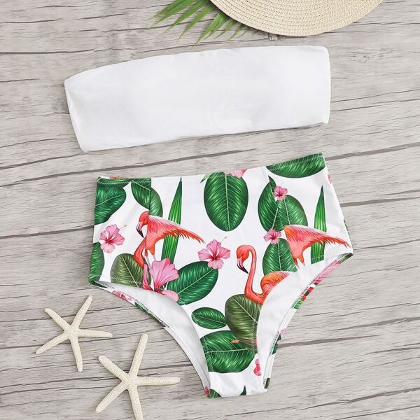 

Bandeau With Random Tropical High Waist Bikini