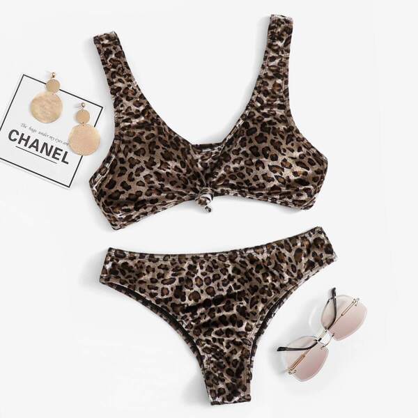 

Leopard Print Knot Front Scoop Neck Bikini