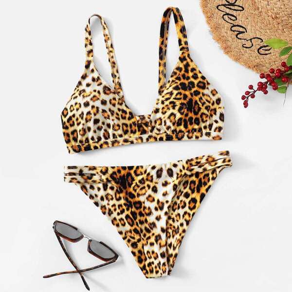 

Leopard Print Cut-out Tanga Bikini Set