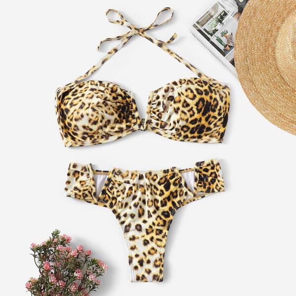 

Leopard Ruched Halter Top With Cheeky Bikini