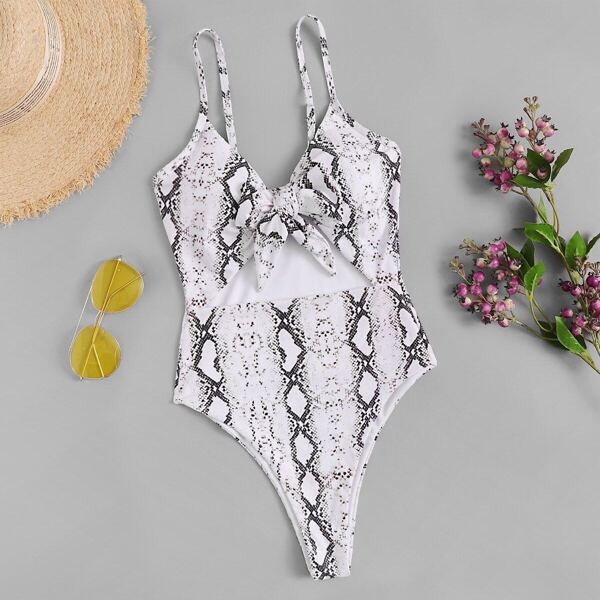 

Snake Print Bow Tie Cut-out One Piece Swimsuit, Multicolor