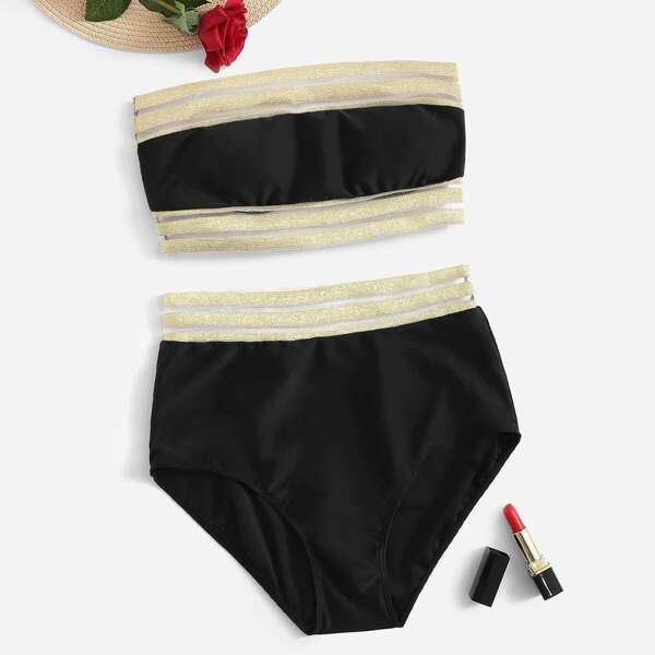 

Glitter Hem Bandeau With High Waist Bikini