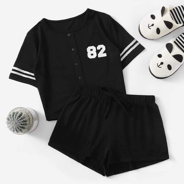 

Number Print Button Front Top & Shorts PJ Set, Black