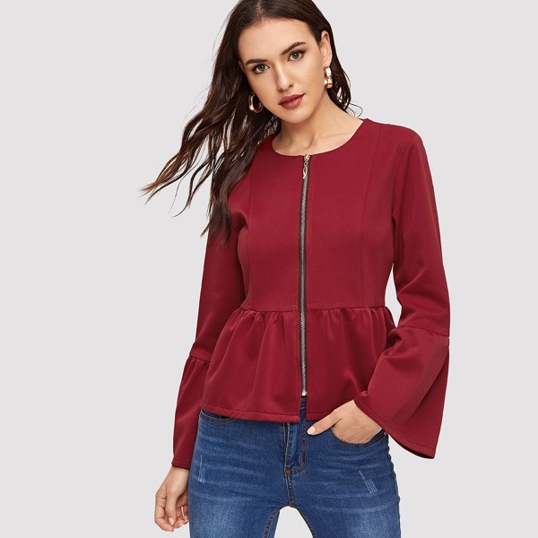 

Solid Zip Through Ruffle Hem Jacket