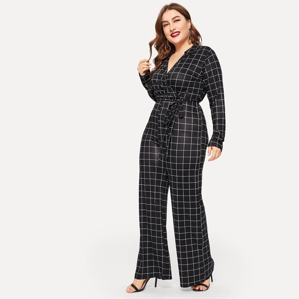 

Plus Surplice Neck Tie Waist Palazzo Grid Jumpsuit
