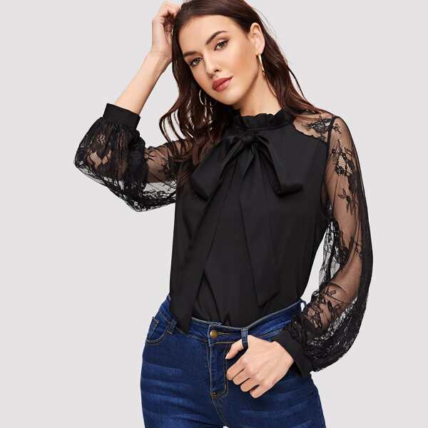 

Lace Mesh Sleeve Tie Neck Blouse