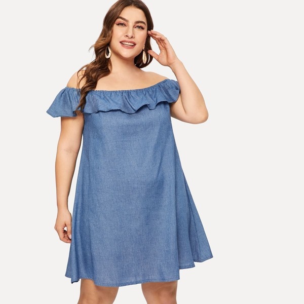 

Plus Off Shoulder Flounce Trim Denim Dress