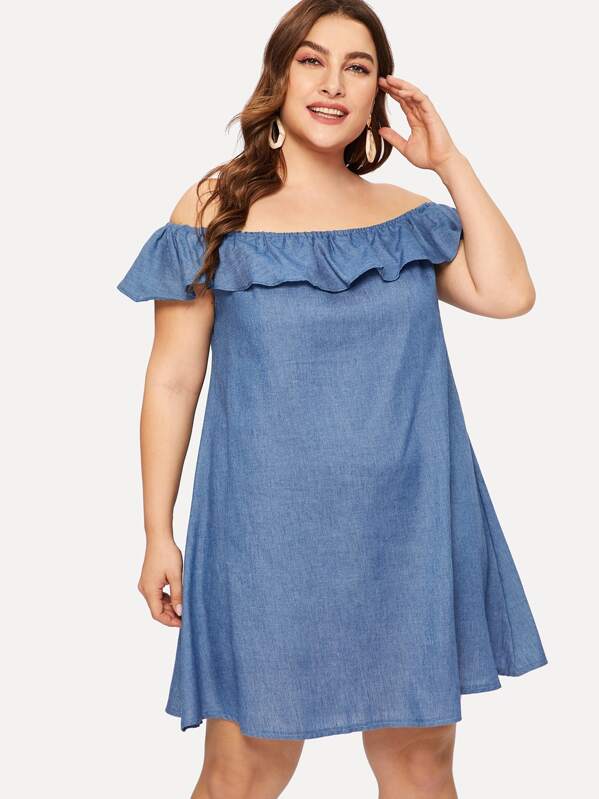 

Plus Off The Shoulder Flounce Trim Denim Dress, Blue, Franziska