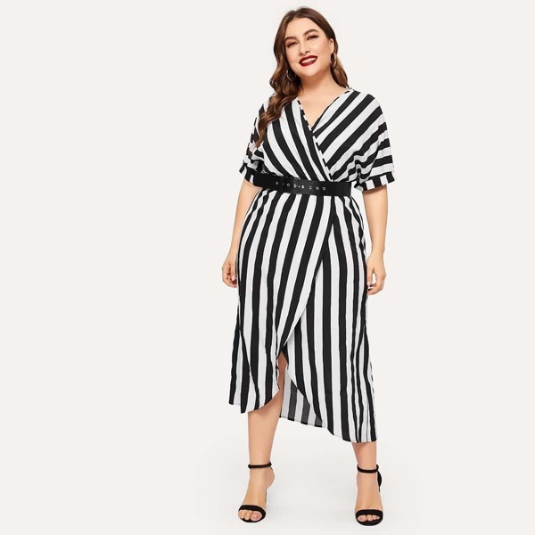 

Plus Striped V-neck Wrap Dress