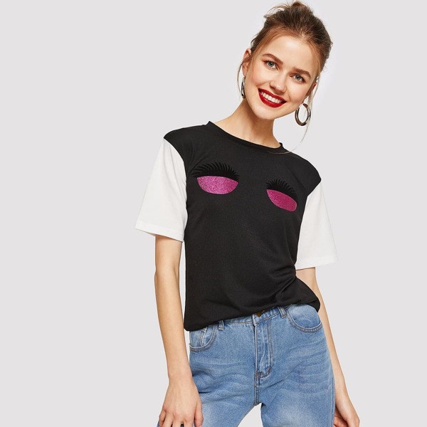 

Glitter Eyes Contrast Sleeve Tee