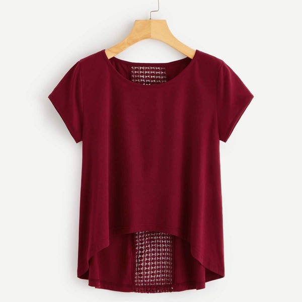 

Contrast Crochet Back Dip Hem Tee, Burgundy