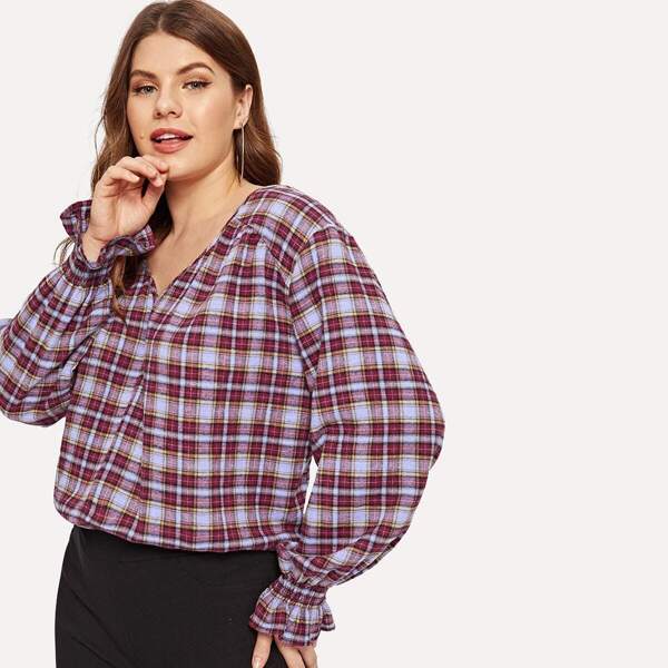 

Plus Shirred & Flounce Cuff Plaid Blouse