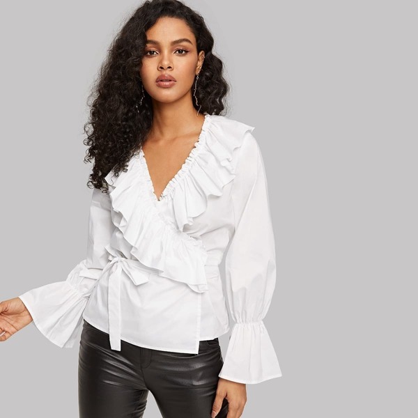 

Pleated Ruffle Trim Wrap Surplice Blouse, White