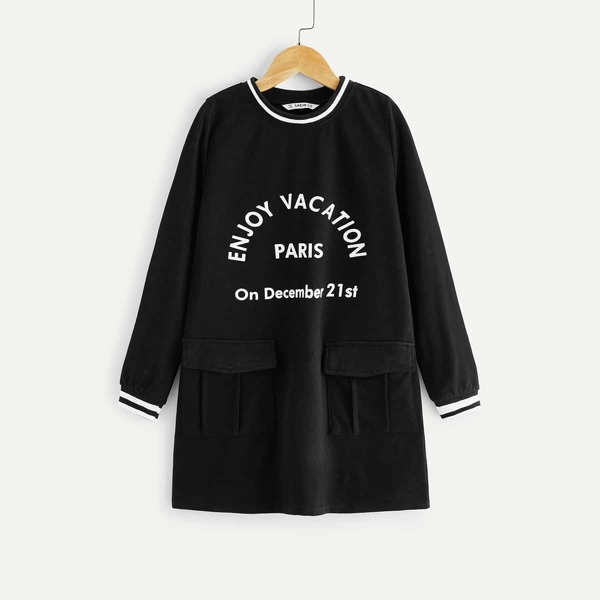 

Girls Pocket Patched Letter Print Striped Trim Dress