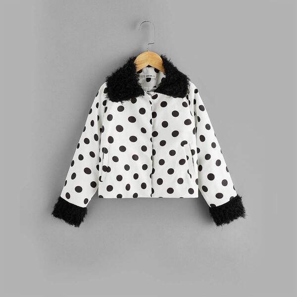 

Girls Contrast Faux Fur Polka-dot Jacket, White