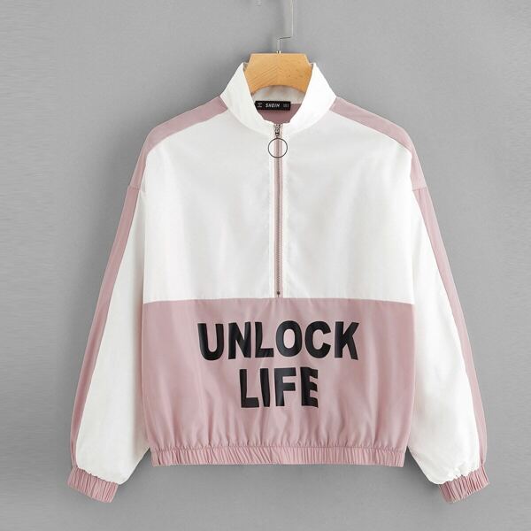 

Two-tone Letter Print Zip Half Placket Jacket