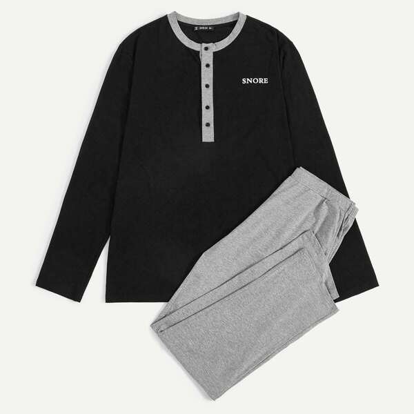 

Men Letter Print Buttoned Ringer Tee & Marled Pants PJ Set