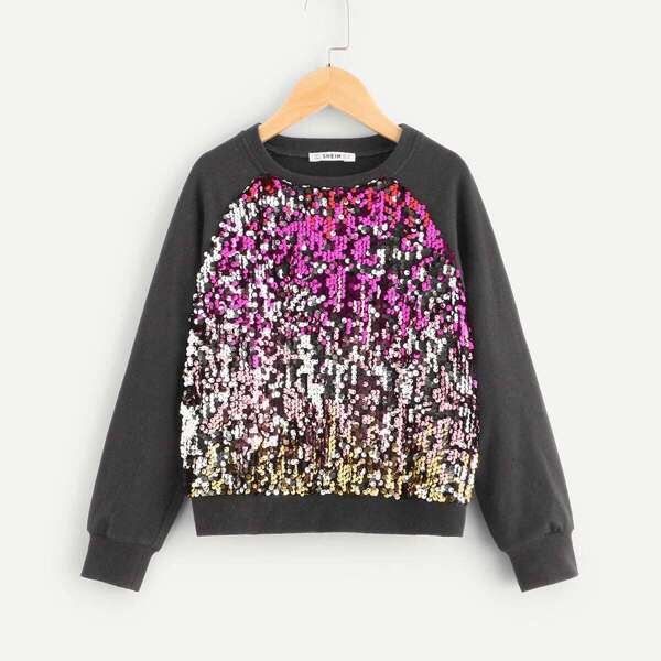 

Girls Raglan Sleeve Contrast Sequin Pullover, Grey