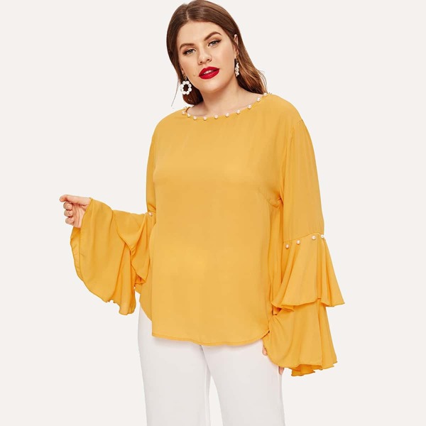 

Plus Pearl Detail Exaggerate Flounce Sleeve Top